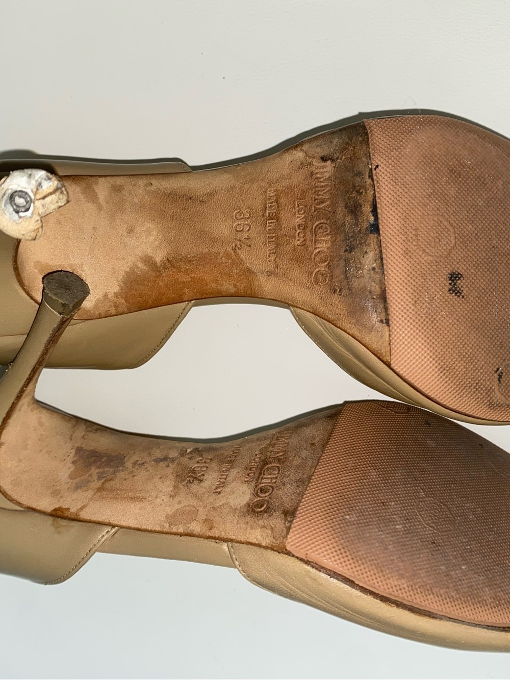 Jimmy Choo Logan Beige Leather Peep-Toe Pumps Sz 36.5/6.5 DAMAGED HEEL PROJECT - Picture 10 of 14